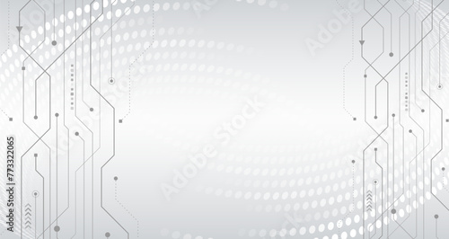 Sci-fi gray background with various technology elements. Science concept, circles with shadows and circuit board. Abstract hi tech communication for presentation or banner.