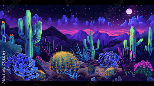 Modern flat illustration of Sonoran desert cactuses at night