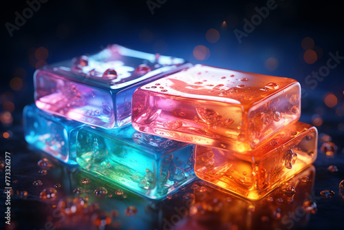 3d render of colorful glass cube on blue background with bokeh