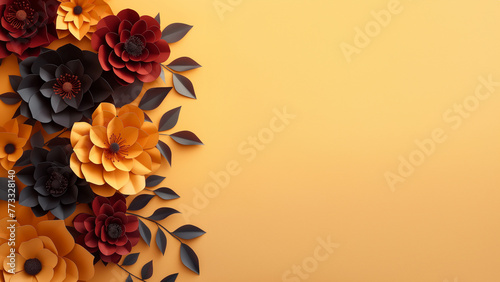 Hintergrund Druck Motiv mit schönen Blumen aus Papier mit Platzhalter, ai generativ