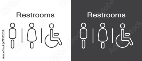Restrooms icon, Man woman and disability icons sign and symbol, Restrooms icon in flat style. Male and female icon vector in black and white background.
