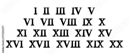 Set of roman numerals, from 1 to 20. Vector isolated on white background.