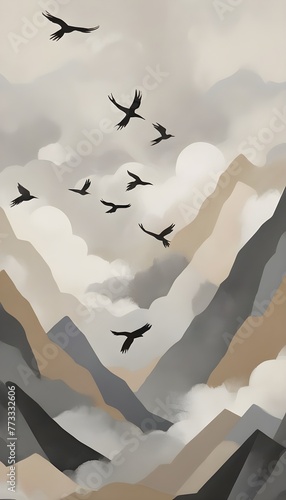 Mountains and Birds flying abstract painting