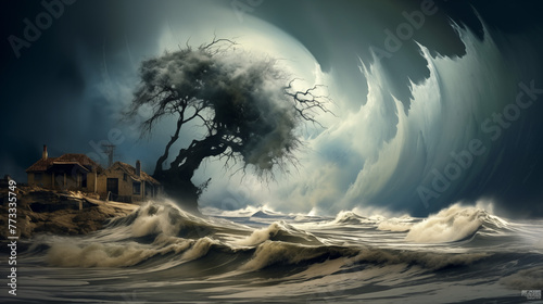 Waves crash against avulnerable coastline, their relentless force eroding the land. Therising sea level encroaches, swallowing homes and memories. Asolitary tree stands as a witness to thedisplacement