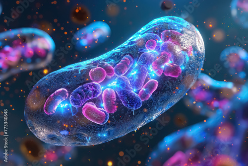 vibrant microscopic view of mitochondria within a cell, illuminated biological illustration