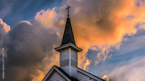 A tranquil photograph of a church steeple against a vibrant sunset sky, evoking a sense of spiritual peace