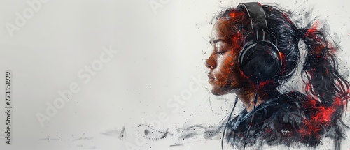 painting of a young woman with headphones listening to music