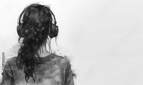 Black and white portrait of beautiful young woman with headphones listening to music