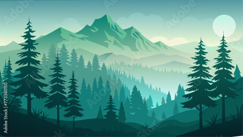 Forest background, nature, landscape. Pine, spruce, christmas tree. Fog evergreen coniferous trees. Silhouette vector