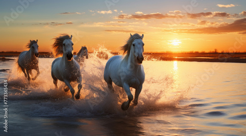 Brown, grey, black and white horses running on the water beach , against the background soft sunset light.