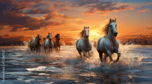 Brown, grey, black and white horses running on the water beach , against the background soft sunset light.