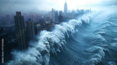 Enormous tsunami wave engulfing a city skyline in a dramatic environmental disaster.