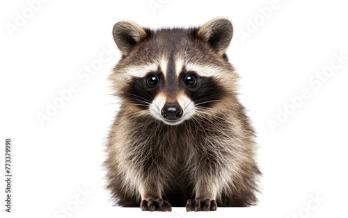 A raccoon with dark fur and a mask-like face is making direct eye contact with the camera