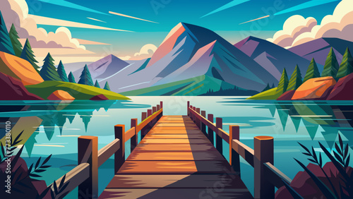 wooden-pier-overlooking-the-lake-and-mountain-vect 