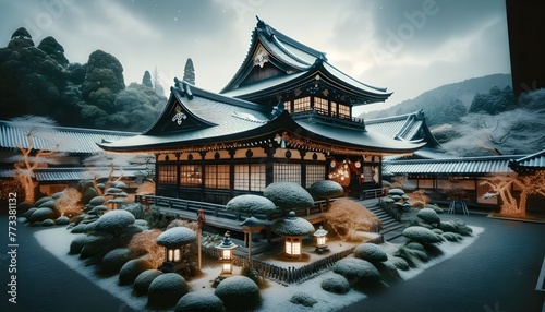 Traditional Japanese Temple with Christmas Lights in Kyoto