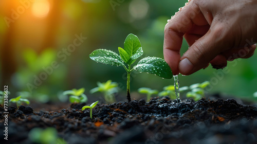 A hand irrigates a seedling with water. Background with selective focus and copy space