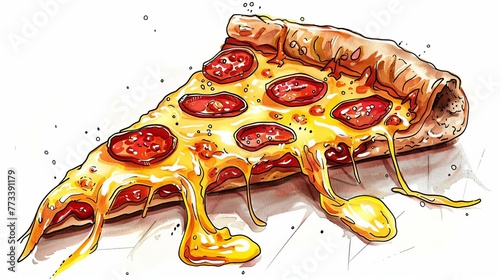 Close-up of single pepperoni pizza slice with melted cheese on white, food illustration