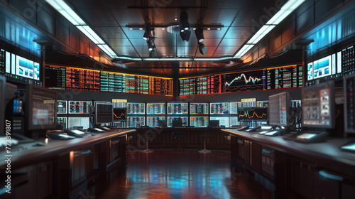 An image of a stock market trading terminal with multiple screens displaying real-time stock quotes