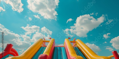 Inflatable bouncy castle on a blue sky background with clouds, an outdoor playground for kids and children playing in summer.