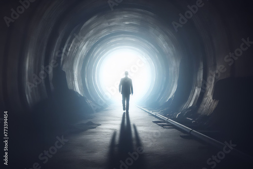 Man getting out of a dark tunnel toward light. Silhouette of the man at the end of the tunnel. The concept of overcoming difficulties