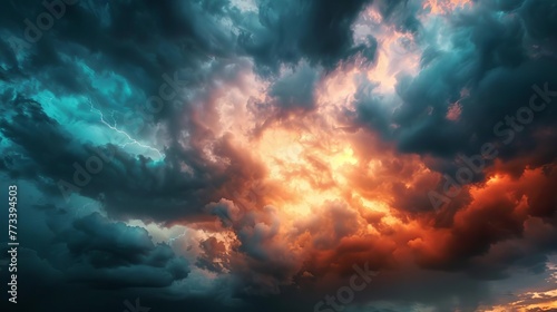 Dramatic stormy sky with dark clouds and lightning, sun peeking through, weather background