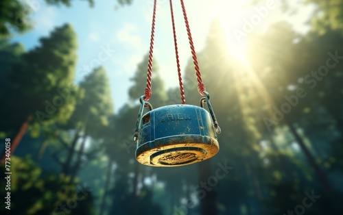 A whimsical blue swing hangs from a tree in a lush forest setting