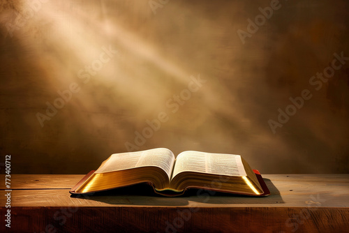Une bible avec la tranche dorée ouverte par le milieu posée sur une table sous un faisceau de lumière.