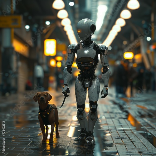 robot is taking a walk with a dog on a street between cornfields, concept household ai robot or ambient assisted living. robot is having his own pet