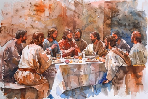 The Last Supper,Jesus Christ,Maundy Holy Thursday,New Testament scene,biblical watercolor illustration,Jesus and disciples,religious art,Christian faith,Bible story,Easter supper,Lord's supper