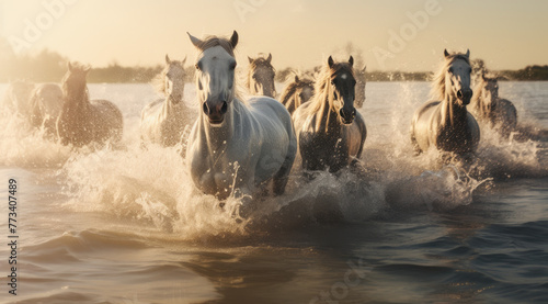 Gorgeous picture of beautiful white and brown horses racing into the sunset on the beach towards the calm sea. On the beach in orange light, sunset.