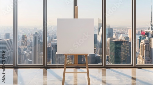 Canvas Mockup in a Spacious CEO Office with Panoramic City View: An empty canvas frame elegantly placed on a polished wooden easel inside a CEO's office, boasting floor-to-ceiling windows 