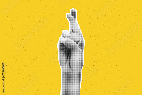 Collage element of crossed fingers hand. Halftone hand showing good luck sign, make wish. Cut out of magazine shape against yellow background with copy space. Grunge modern retro vector illustration