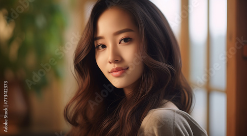 Portrait d'une belle femme asiatique aux cheveux bruns, modèle de beauté.
