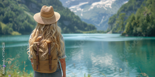 Girl tourist looks at the beautiful landscape of lake and mountains