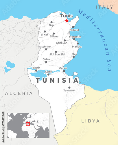 Tunisia Political Map with capital Tunis, most important cities with national borders