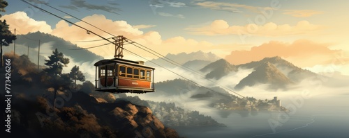 ski lift or Cable car lift in ski resort against blue sky