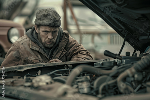 An auto mechanic engrossed in troubleshooting under the hood of a car