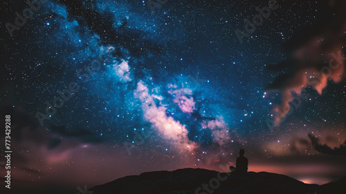 Silhouette of a man sitting on a rock and looking at the milky way
