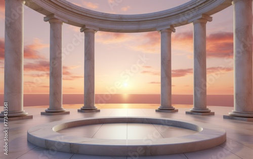 Ancient marble pillars in elliptical arrangement with orange sky