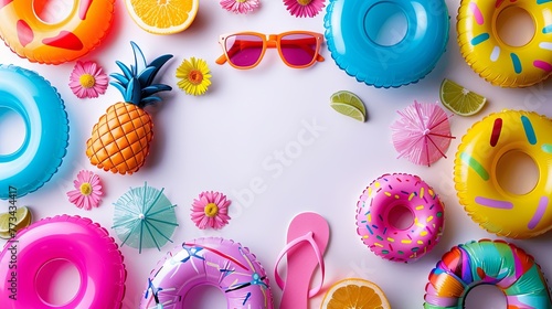 frame of summer vibes concept with colorful pool party items, funny sunglasses, cocktail glasses, pineapple and donut inflatable drink holders, flip flops and flower necklaces on white background