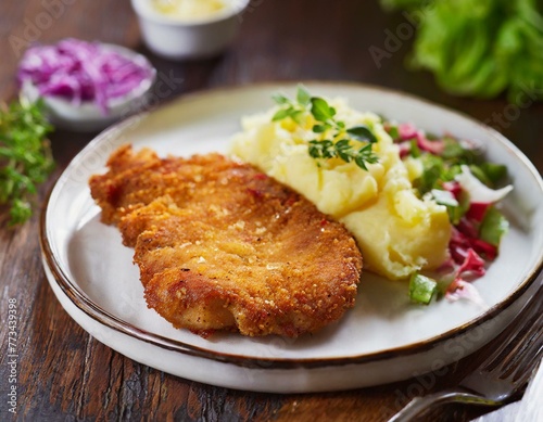 Kotlet schabowy w panierce z ziemniakami i surówką