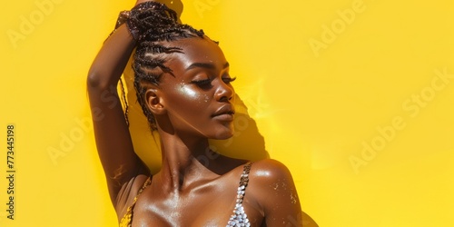 A dark-skinned girl in a shiny swimsuit on an yellow background. Rest and relaxation illustration