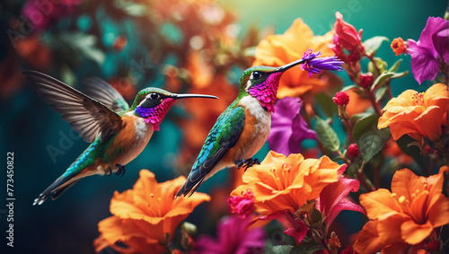 vibrant colored humming birds flying