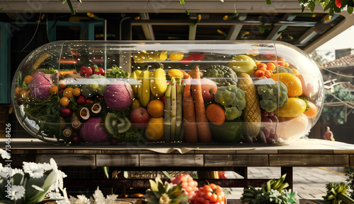 A large multivitamin supplement pill filled with fruits and vegetables, in the middle of an outdoor market. Hyper realistic