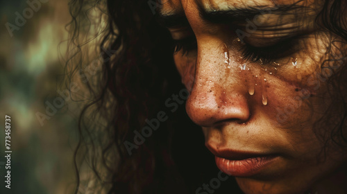 A close-up of a sorrowful woman with tears streaming down her face.