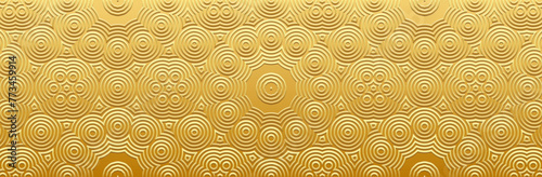 Banner. Relief geometric vintage gold 3D pattern on a gold background. Tribal minimalist ornamental cover design. Ethnicity of the East, Asia, India, Mexico, Aztec, Peru. Boho style and handmade.