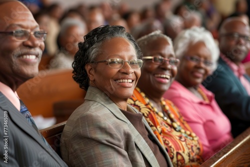 Elderly community members at church, a joyful African American woman in the center, surrounded by friends and family.