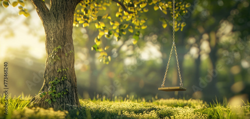 A swing hanging from a tree in a park. Perfect for outdoor and recreation concepts