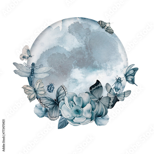 Moon, butterflies, beetles and insects, glass ball in monochrome watercolor indigo color.