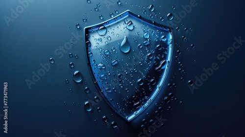 A blue shield covered in water droplets, perfect for security and protection concepts